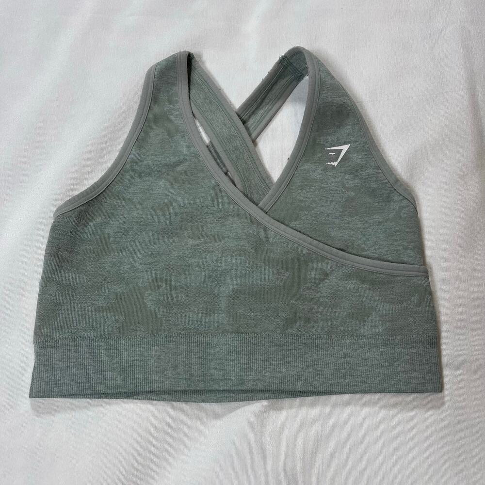 Gymshark Green Camo Sports Bra XS Criss Cross Racerback Athletic Workout Top